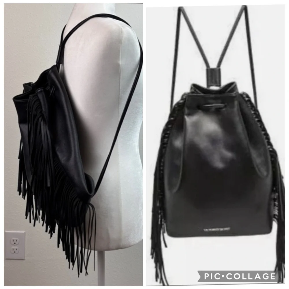 Victoria's Secret Black faux leather boho fringe bag backpack drawstring tote - Picture 2 of 13